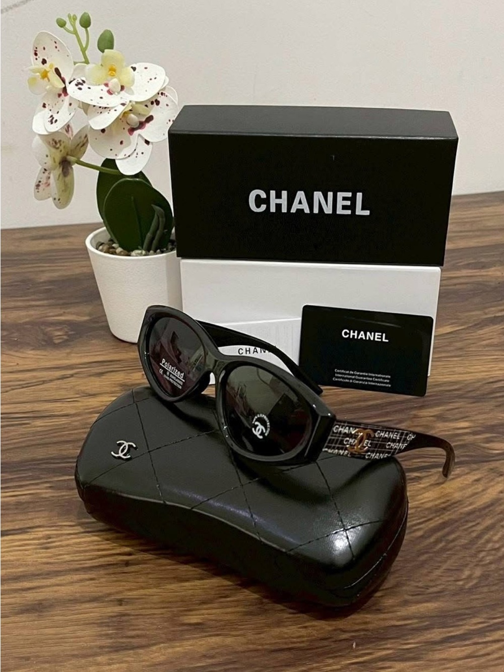 Chanel Black Round Sunglasses with Logo Temples
